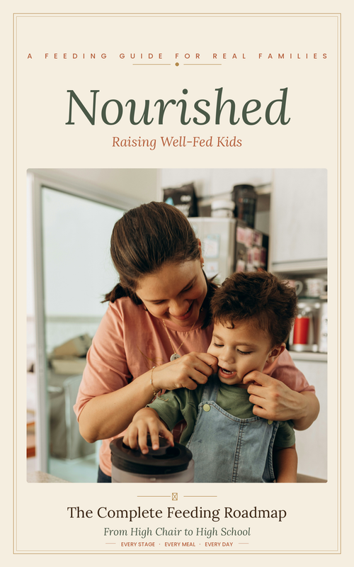 Book cover of 'Nourished: Raising Well-Fed Kids' with a woman and child in a kitchen.